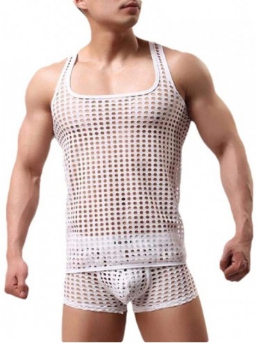G-Strings & Thongs Men Fashion Fashion Sexy See Through Fishnet Tank Top + Short Lingerie Set - White - CH198CYX62U $39.04