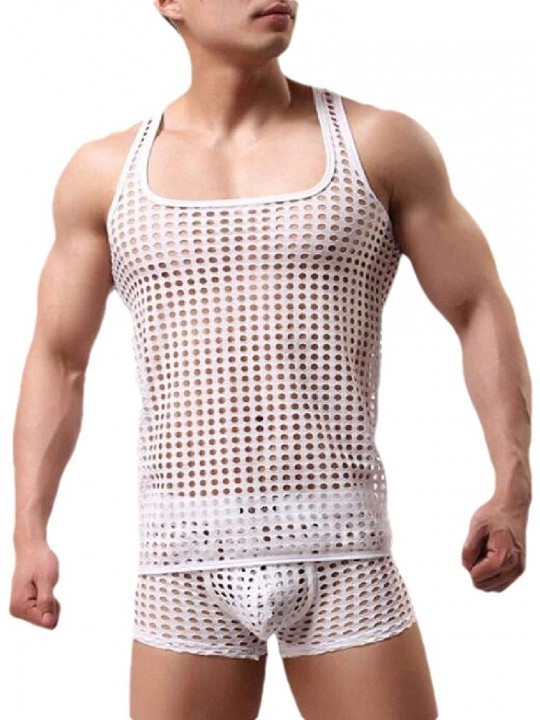 G-Strings & Thongs Men Fashion Fashion Sexy See Through Fishnet Tank Top + Short Lingerie Set - White - CH198CYX62U $42.85