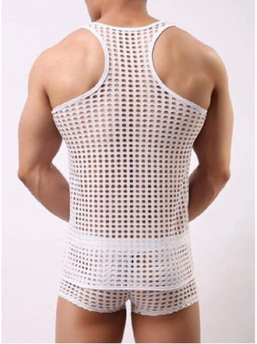 G-Strings & Thongs Men Fashion Fashion Sexy See Through Fishnet Tank Top + Short Lingerie Set - White - CH198CYX62U $42.85