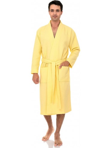 Robes Men's Robe- Kimono Waffle Spa Bathrobe - Lemon Meringue - CS192K3GEWS $64.49