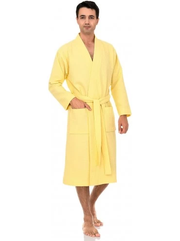 Robes Men's Robe- Kimono Waffle Spa Bathrobe - Lemon Meringue - CS192K3GEWS $35.31
