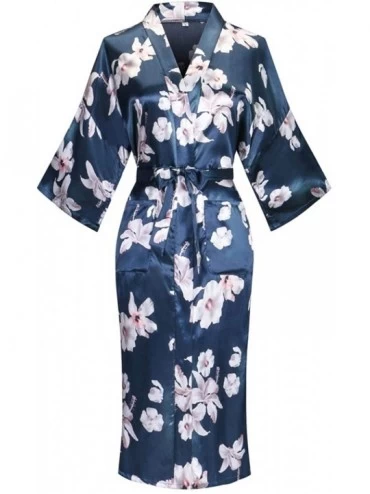 Robes Women's Long Kimono Robe Lightweight Silk Bathrobe Nightgown with Pockets - Floral Lily - CU18GOKRE3X $41.03