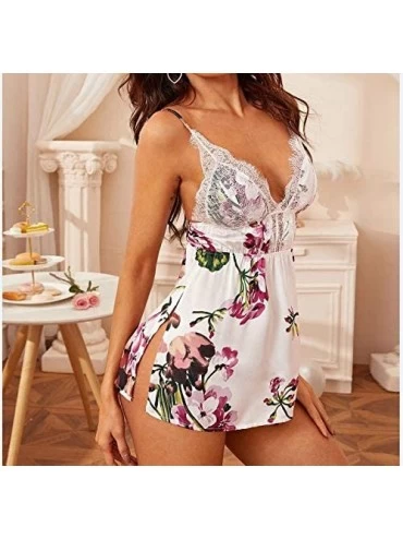 Nightgowns & Sleepshirts Women Sexy Underwear Sling Sleeveless Top High Waist Deep V-Neck Nightwear Flower Printed Sleepwear ...