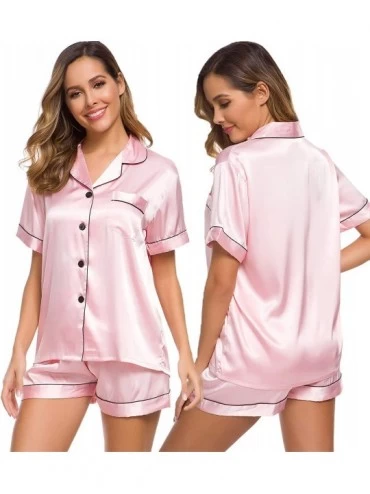 Sets Womens Silk Satin Pajamas Set Two-Piece Pj Sets Sleepwear Loungewear Button-Down Pj Sets - Pink - CD18W3Q26GL $24.72