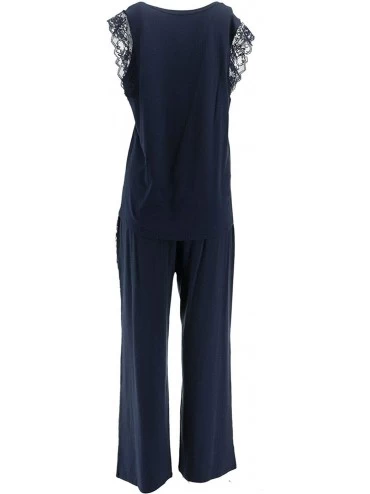 Sets Cozy Knit Pleated Lace Pajama Set A353763 - Navy - CG195D4HH9I $41.62