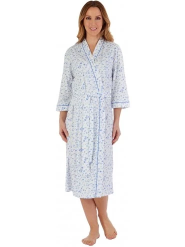 Robes Ladies 100% Cotton Floral Sleeve Kimono Wrap Dressing Gown UK 10-26 Blue or Pink - Blue - CL197L2447O $63.27
