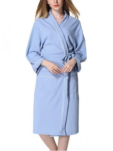 Robes Women's Knitted Cotton Waffle Long Sleeve Bathrobe Shawl Collar Spa Robe - Blue - CS194ELQG6C $71.93
