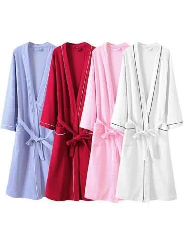 Robes Women's Knitted Cotton Waffle Long Sleeve Bathrobe Shawl Collar Spa Robe - Blue - CS194ELQG6C $33.14