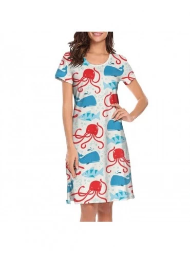 Nightgowns & Sleepshirts Womens Ladies Nightgowns Cartoon Whales Fun O-Neck Cool Short Sleeve Slip Dress - Sea Cute Octopus -...