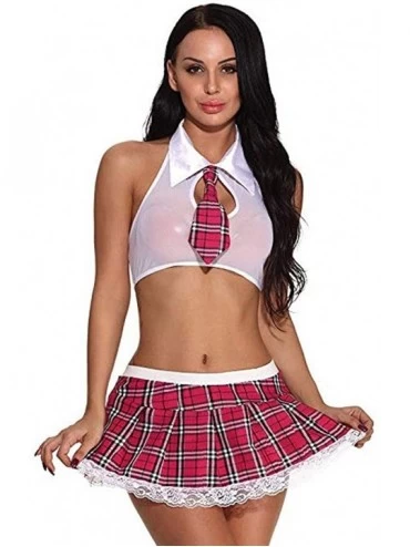 Slips New Women Lace Lingerie Underwear Nightgown Uniform LatticeTie + Mini Skirt Set - Hot Pink - CT18ZW55NX0 $14.36