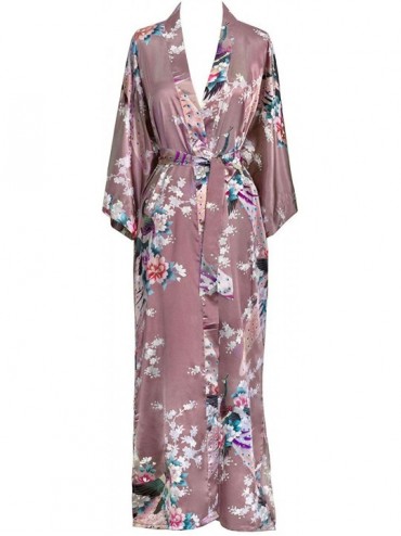 Robes Women's Satin Kimono Robe Long - Floral - Peacock & Blossoms - Mauve - C918XION62Y $70.38