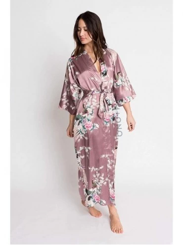 Robes Women's Satin Kimono Robe Long - Floral - Peacock & Blossoms - Mauve - C918XION62Y $31.67