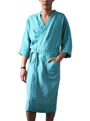 Robes Men Cotton Linen Leisure Ankle-Length Solid Color Plus-Size Hotel Soft Lounge Robes - Blue - CZ19DAC7G68 $60.95