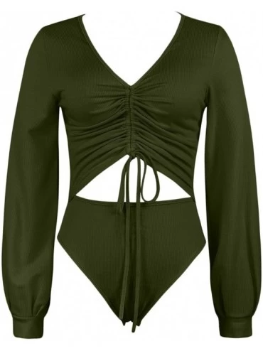 Shapewear Women's Ruched Ribbed V Neck Long Sleeve Cutout Bodysuits Leotards - Green - CP18A2TI24G $20.20