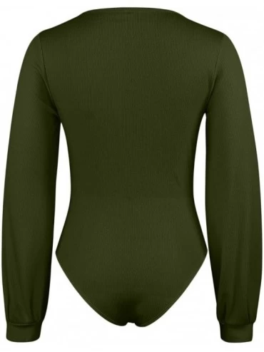 Shapewear Women's Ruched Ribbed V Neck Long Sleeve Cutout Bodysuits Leotards - Green - CP18A2TI24G $20.20