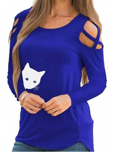 Thermal Underwear Women Cat Printed Tops- Strappy Cold Should Tunic T- Shirt Cute Loose Blouses - A-blue - CV193Z3QHK4 $36.60