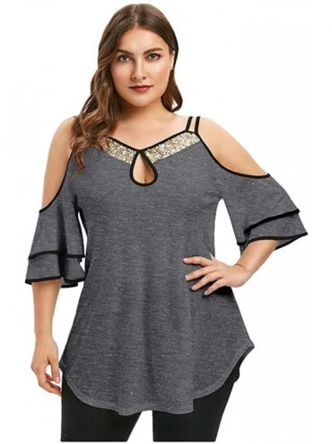 Thermal Underwear Womens Sequin Tops-Summer Strap Leaky Shoulder Hollow Out Short Sleeve T-Shirt - Gray - CQ193Z3UCIH $23.10