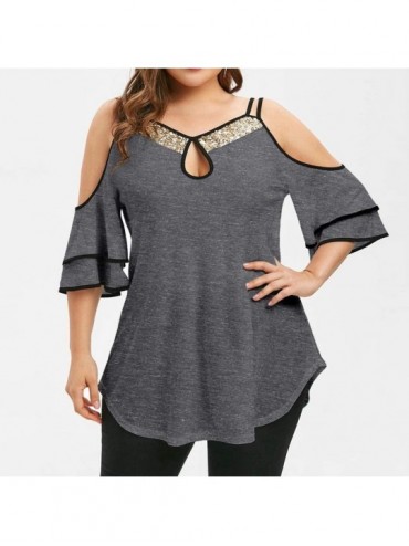 Thermal Underwear Womens Sequin Tops-Summer Strap Leaky Shoulder Hollow Out Short Sleeve T-Shirt - Gray - CQ193Z3UCIH $48.46