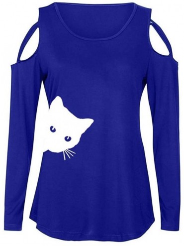 Thermal Underwear Women Cat Printed Tops- Strappy Cold Should Tunic T- Shirt Cute Loose Blouses - A-blue - CV193Z3QHK4 $38.38