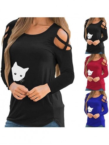 Thermal Underwear Women Cat Printed Tops- Strappy Cold Should Tunic T- Shirt Cute Loose Blouses - A-blue - CV193Z3QHK4 $38.38
