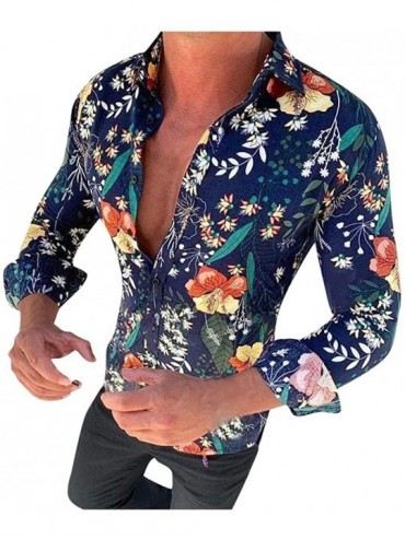 Thermal Underwear Men's Floral Dress Shirt Long Sleeve 70s Printed Casual Button Down Paisley Top - Navy - C718A485OK8 $26.14