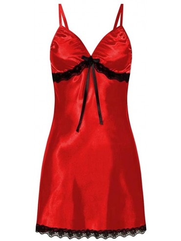 Camisoles & Tanks Womens Nighte Dress Plus Size Lace Bow Lingerie Babydoll Nightwear Sleepskirt - Red - CI18S762OLO $19.45