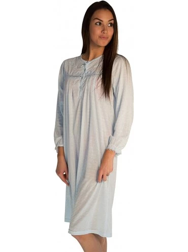 Nightgowns & Sleepshirts Long Sleeve Cotton Print Nightgown Sleepwear Dress with Floral Embroidered (502X) - Blue - CU180I6N3...