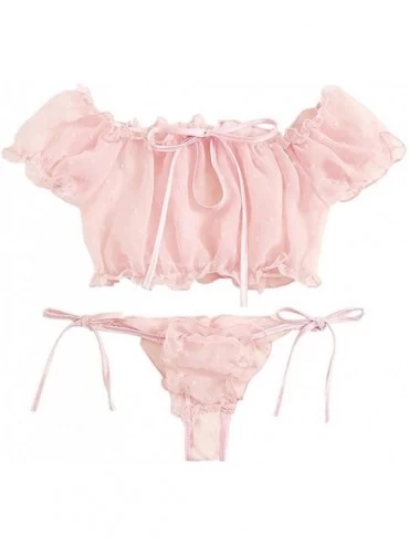 Sets Women's Lovely Lace Pajama Set Silky Lingerie Bow Knot Underwear Tops and Shorts Nightwear - Pink - CD19CKTADDC $19.09