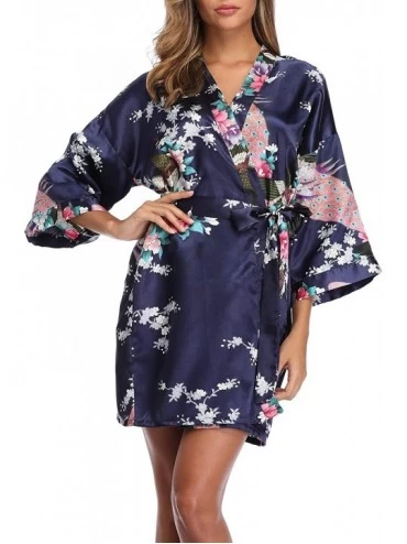 Robes Women's Floral Satin Robe Short Silk Bridal Robe Printing Peacock Kimono Sleepwear - Navy - CR18LZG3KLX $10.82