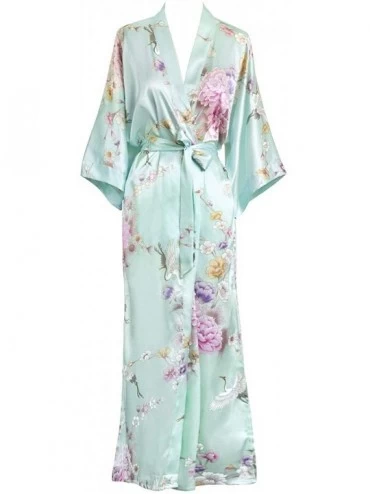 Robes Women's Satin Kimono Robe Long - Floral - Chrysanthemum & Crane - Mist - C418Q5DG70S $80.19