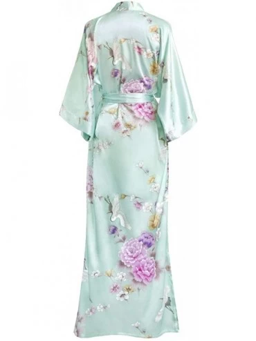 Robes Women's Satin Kimono Robe Long - Floral - Chrysanthemum & Crane - Mist - C418Q5DG70S $37.35