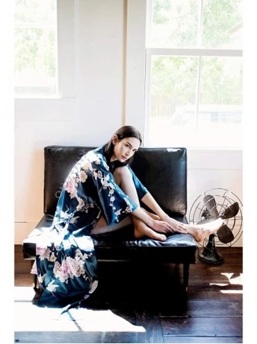 Robes Women's Satin Kimono Robe Long - Floral - Chrysanthemum & Crane - Mist - C418Q5DG70S $37.35