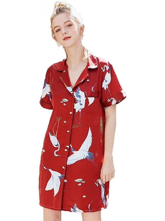 Nightgowns & Sleepshirts Satin Short Sleeve Nightshirt-Women's Satin Silk Sleepwear-Button Up Soft Loungewear-Printed Top-Dre...