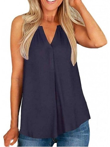 Thermal Underwear Women Plus Size Fashion Sleeveless T-Shirt Summer Blouse V-Neck Chiffon Tops - Blue - CM18SO9K7ZY $33.48