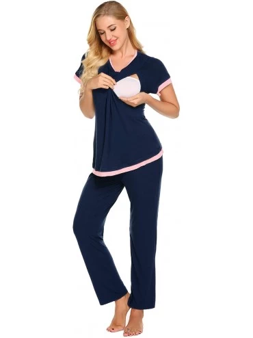 Sets Maternity Nursing Pajamas Set-Patchwork Short Sleeve Breastfeeding Sleepwear - A-dark Blue - CE18WU32E6X $23.67