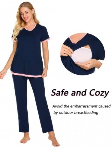 Sets Maternity Nursing Pajamas Set-Patchwork Short Sleeve Breastfeeding Sleepwear - A-dark Blue - CE18WU32E6X $23.67