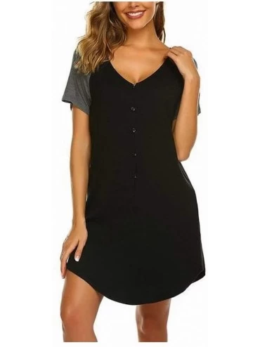 Nightgowns & Sleepshirts Women Lounge Wear Nightgown Home Sleepwear Front Button V-Neck Short Sleeve Patchwork Loose Sleepshi...