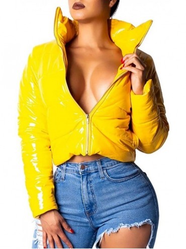 Baby Dolls & Chemises Women's Down Jacket Coat Long Sleeve Glossy Leather Bread Down Jacket with Zipper Pockets - Yellow - CH...
