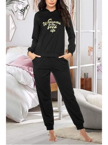 Sets Women's Casual Printed Long Sleeve Hooded Pajamas Set Sleepwear Knitted Lounge Nightgowns - Long Sleeve-black - C618ADH6...