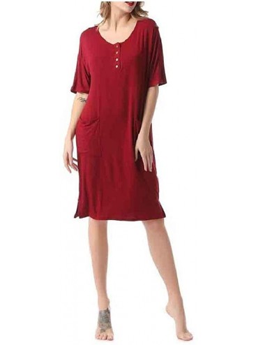 Nightgowns & Sleepshirts Women Everyday Buttoned Crew Neck Leisure Nightwear Sleepwear - Wine Red - CF190E3W2X0 $54.36