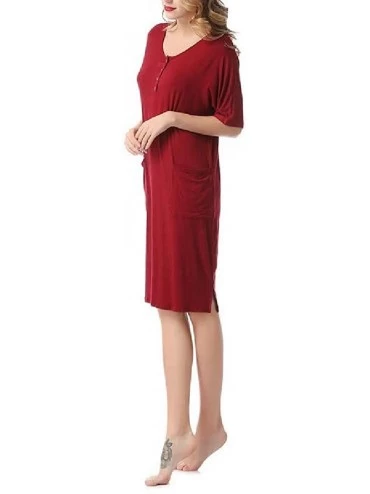 Nightgowns & Sleepshirts Women Everyday Buttoned Crew Neck Leisure Nightwear Sleepwear - Wine Red - CF190E3W2X0 $29.37