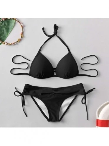 Thermal Underwear Women's Swimsuit Halter Halter Strap Solid Print Bikini Set(A2-Black-L) - A2-black - C7196U57UK4 $11.22