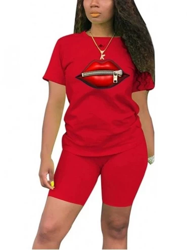 Sets Women 2 Piece Shorts Tracksuit Lip Print Short Sleeve Shirt and Shorts Set Outfit - Red Lip-2 - CR1905S4TDC $27.87