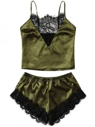 Sets Lingerie Set for Women-Satin Lace V-Neck Camisole Lingerie Bowknot Shorts Set Sleepwear Pajamas Set - Green - CE18ALAETK...