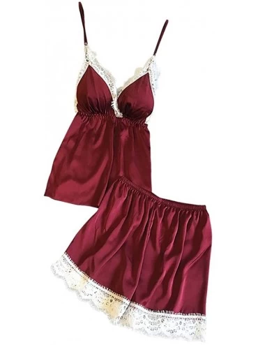 Robes Women Sexy Lace Lingerie Nightwear Underwear Babydoll Short Sleepwear Set - Red - CS197EQ5MS8 $23.83