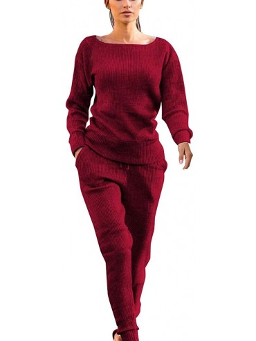 Thermal Underwear Casual Womens Autumn and Winter Trousers Set Long Sleeve Crop Tops + Pants Suit - Wine - CI192SNHYID $54.00