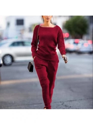Thermal Underwear Casual Womens Autumn and Winter Trousers Set Long Sleeve Crop Tops + Pants Suit - Wine - CI192SNHYID $24.43