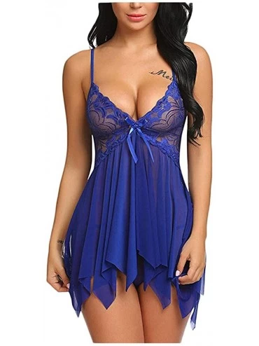 Slips Plus Size Lingerie- Womens Lingerie Flower Lace Lingerie Babydoll V Neck Sling Irregular Sleepwear Strap Chemise - Blue...
