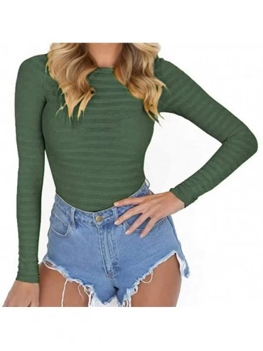 Shapewear Womens Stretchy Long Sleeve Bodysuits Basic Bodycon Jumpsuits Rompers - Army Green - CF18OW7QDHK $31.57