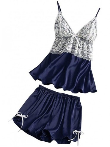 Slips Sexy Lingerie for Women Plus Size Satin Lace V-Neck Camisole Bowknot Shorts Set Sleepwear Pajamas Lingerie - Navy - CT1...